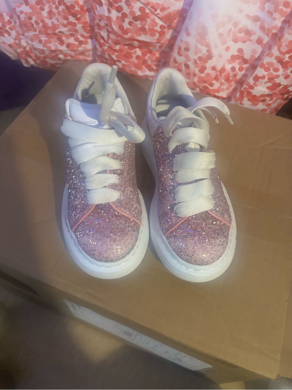 Alexander McQueen Kids Pink Glitter Sneakers with White Laces